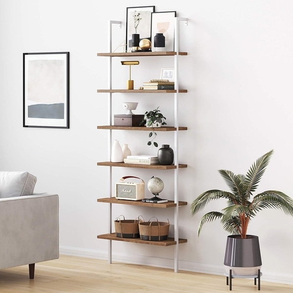 Theo Ladder Bookcase 6 Shelf Wood Finish Rustic Oak Matte White