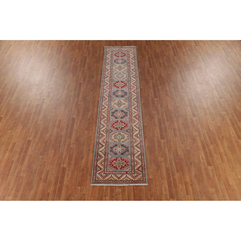 Geometric Kazak Oriental Runner Rug Hand-Knotted Wool Carpet - 2'8" x 12'2"