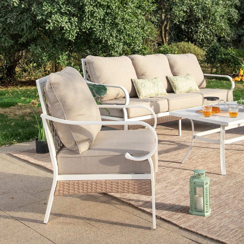 MAISON ARTS 5-Seat Patio Furniture Set, 2 x Cushioned Metal Chair, 1 x 3-Seat Sofa with Marbling Coffee Table