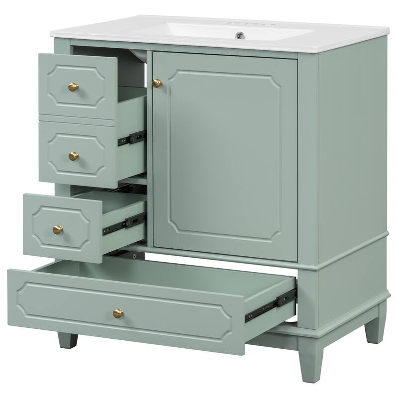 30" Bathroom Vanity With Sink, Freestanding Vanity Cabinet With Ceramic Basin, 3 Drawers, Storage Shelves Included