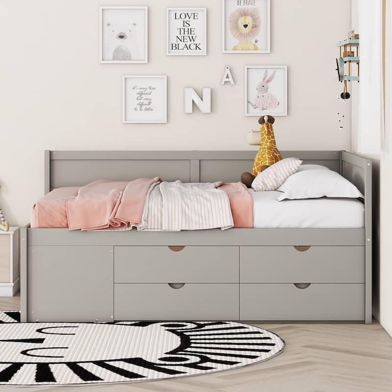 Nordic Creative Full Size Daybed with Drawers and Shelves Storage Bed Frame for Kids Teens Adults Space-Saving, Easy Assembly - Grey