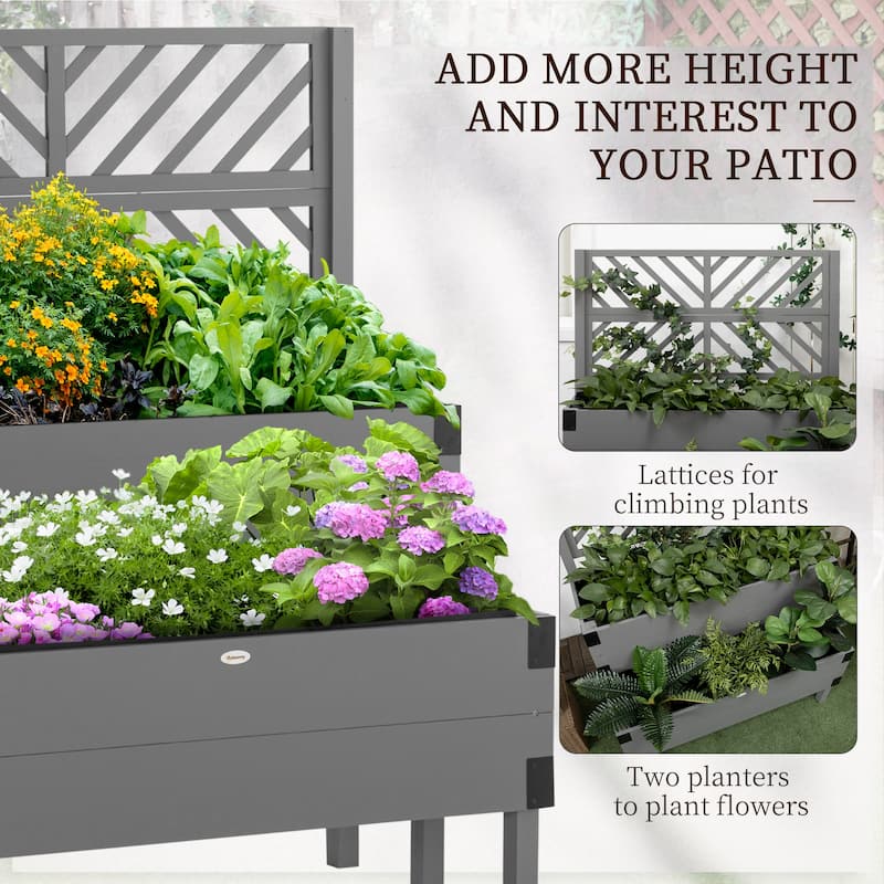 Outsunny 2 Tier Raised Garden Bed with Trellis, Wooden Elevated Planter Box with Legs and Metal Corners