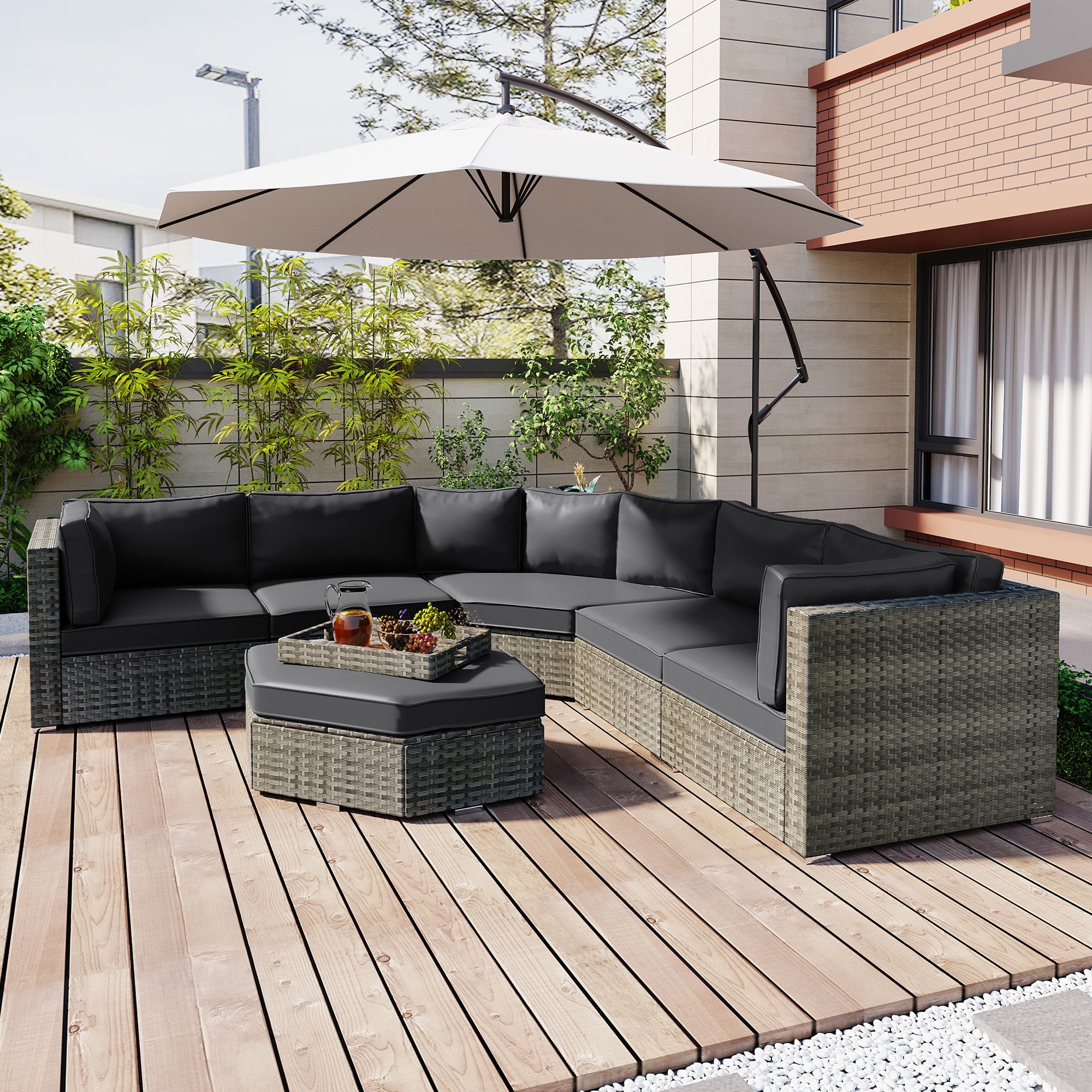 l shaped patio furniture umbrella OVIOS 15FT Double-Sided Market with Base Dark Grey Transform your patio into a stylish and comfortable retreat with the JARDINA L Grey Patio Modular Conversation Sofa