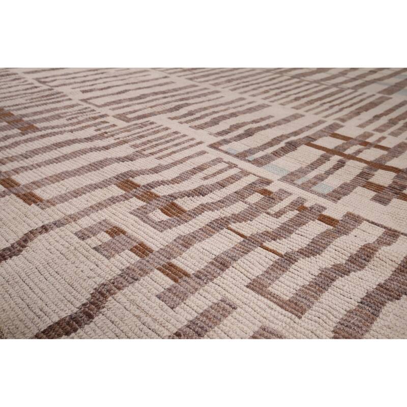 Earth Tone Moroccan Modern Area Rug Hand-Knotted Stripe Wool Carpet - 8'9" x 12'4"
