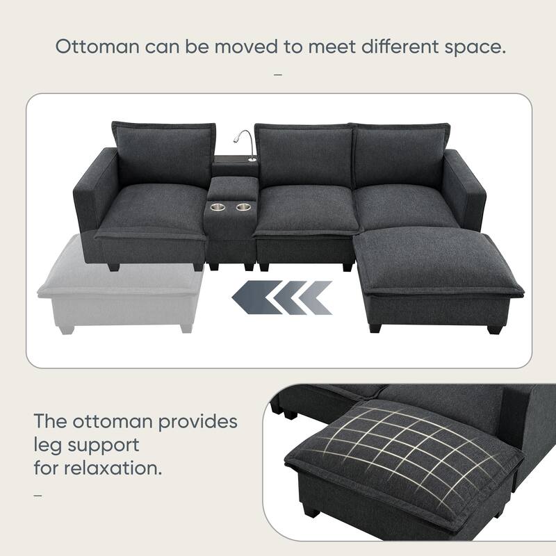 Cloud Sectional Sofa wConsole, USB, Reading Light, Cup Holder, Ottoman