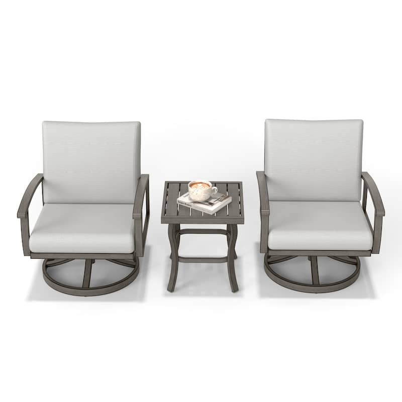3-Piece Aluminum Patio Bistro Set with End Table, Swivel Armchairs and Light Gray Cushions - Grey