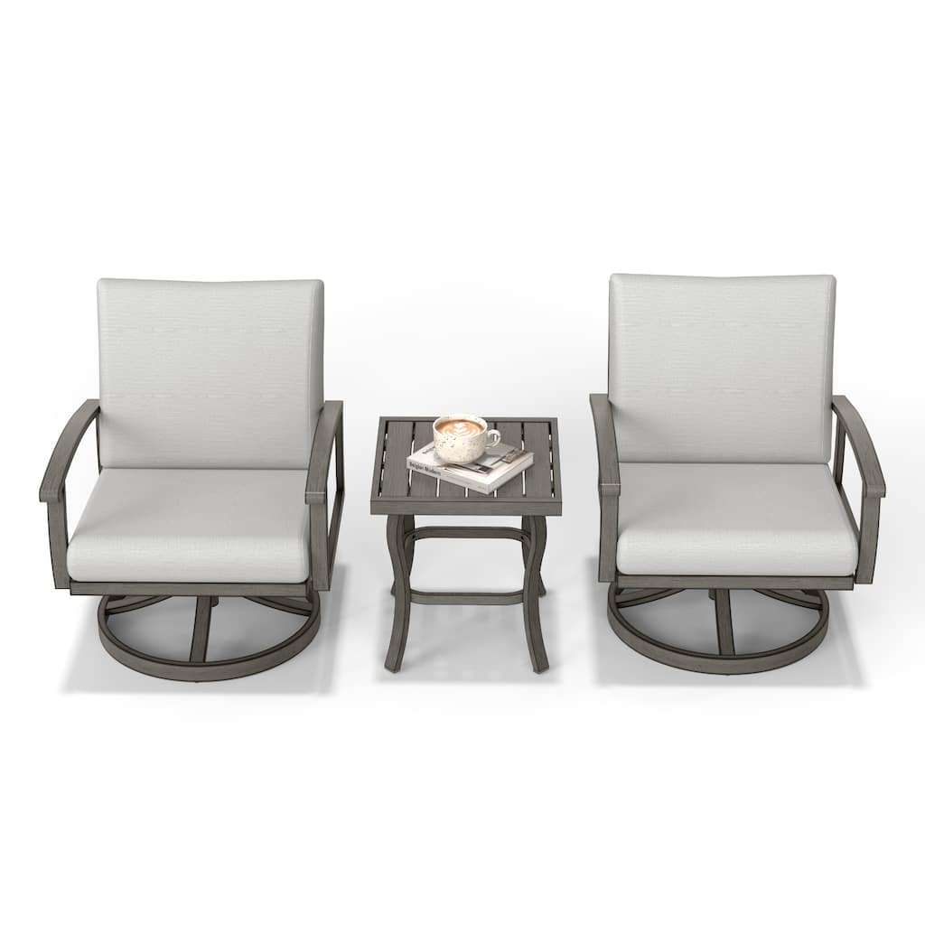 3-Piece Aluminum Patio Bistro Set with End Table, Swivel Armchairs and Light Gray Cushions