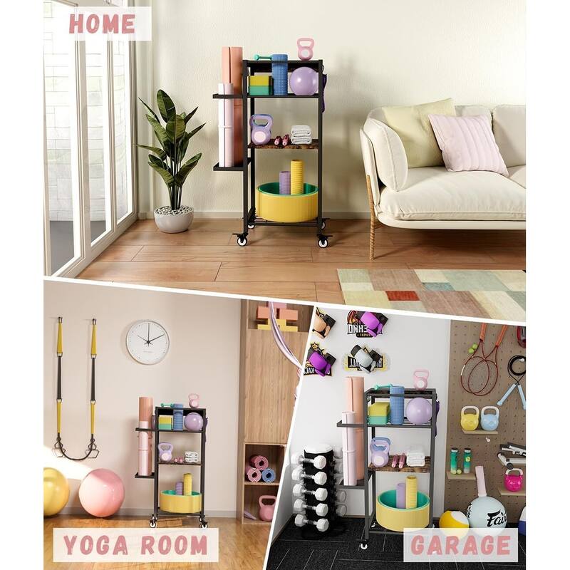 Yoga Mat Storage Rack with Wheels, 3 Tier