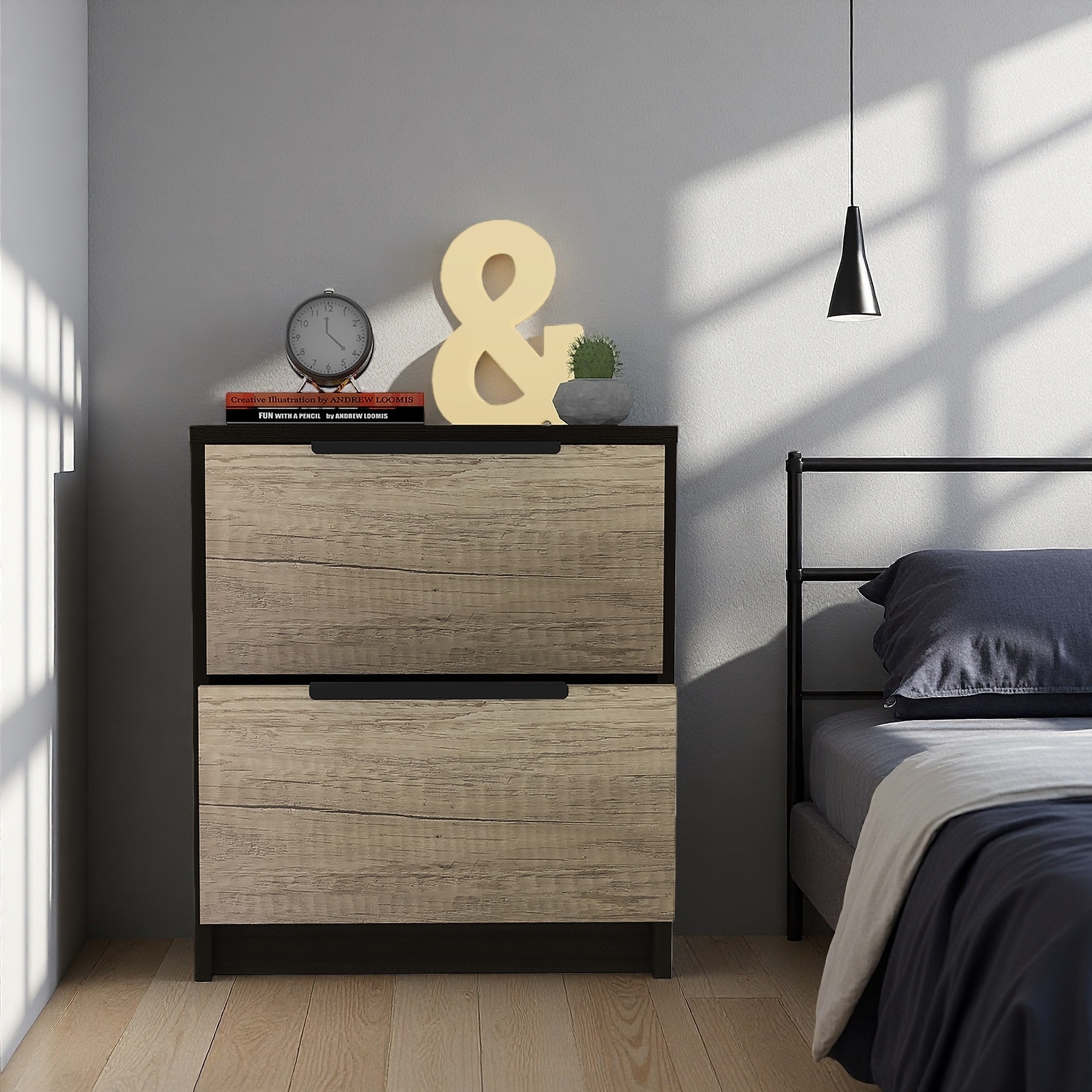 16"L Laminated Particleboard Nightstand with Metal Handles, Two Drawers - Multipurpose End Table, Side Table