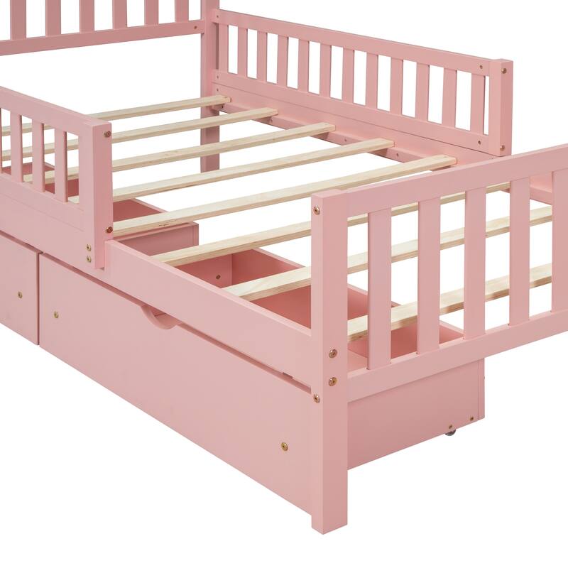 Wooden Platform Bed Underbed Storage Bed with Sides Guardrails Spindle Headboard and 2 Drawers 8.98 inch Storage Underneath