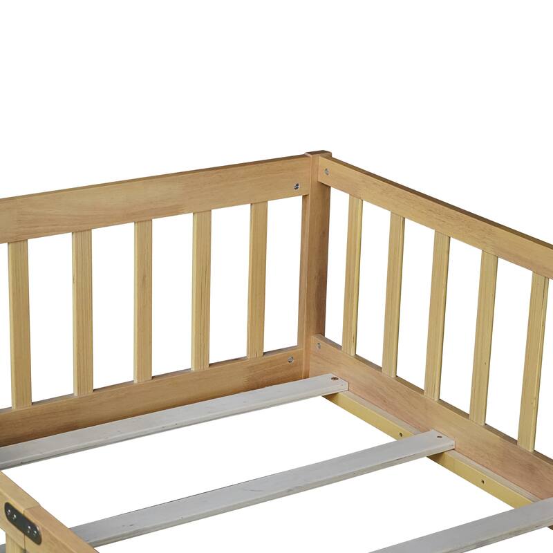 Twin Size Floor Bed with Safety Fence, Natural Rubber Wood, Easy Assembly, Compact Design