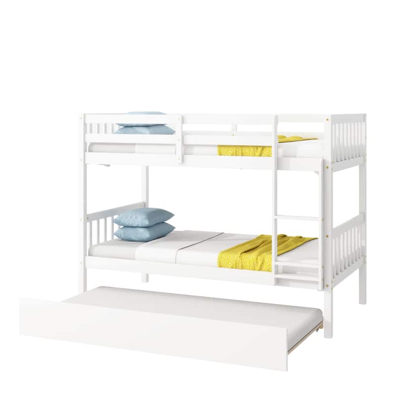 Convertible Twin Over Twin Bunk Bed with Trundle, White Rubber Wood, Safety Guardrails, and Ladder
