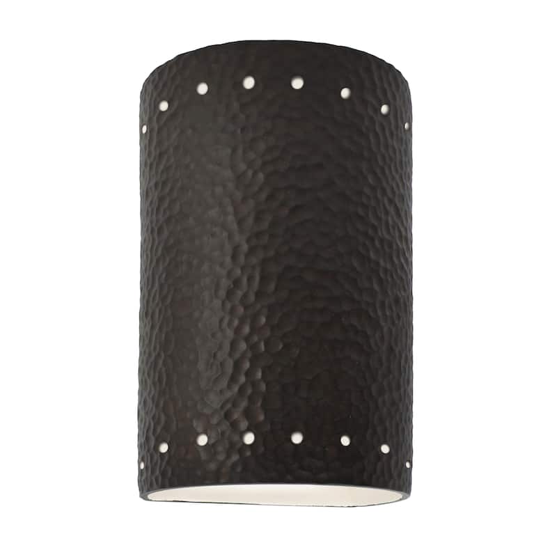 Justice Design Ambiance - Small Cylinder w/ Perfs Wall Sconce - Closed Top (Outdoor) - Replaceable Bulb - Hammered Iron