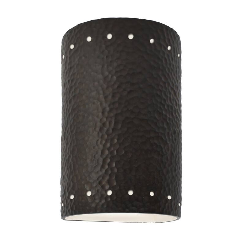 Justice Design Ambiance - Small Cylinder w/ Perfs Wall Sconce - Open Top & Bottom (Outdoor) - Replaceable Bulb - Hammered Iron