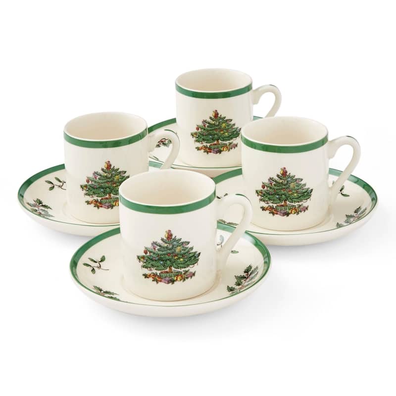 Spode Set of 4 Christmas Tree Espresso Cup and Saucer - 2.25" D x 2.25" H - 4 Piece - 2.25" D x 2.25" H - Multicolored