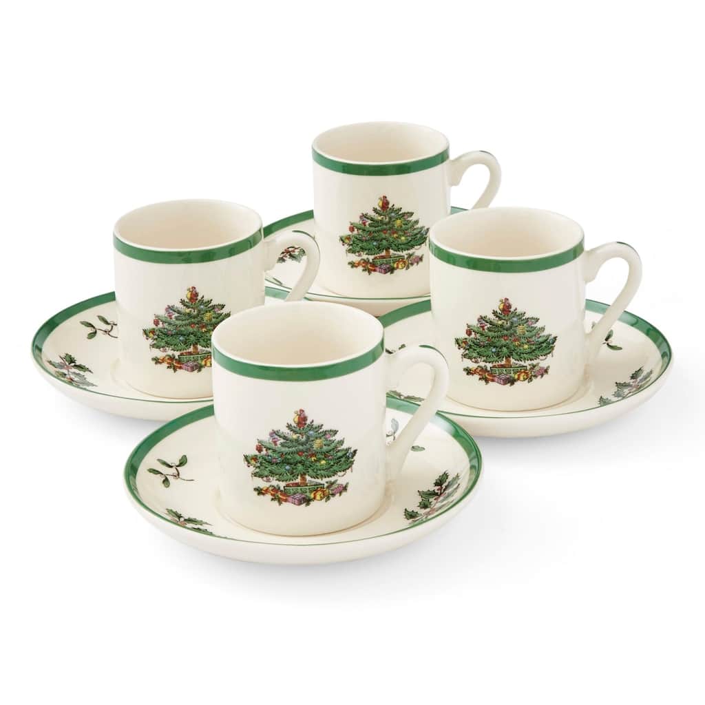 Spode Set of 4 Christmas Tree Espresso Cup and Saucer - 2.25" D x 2.25" H