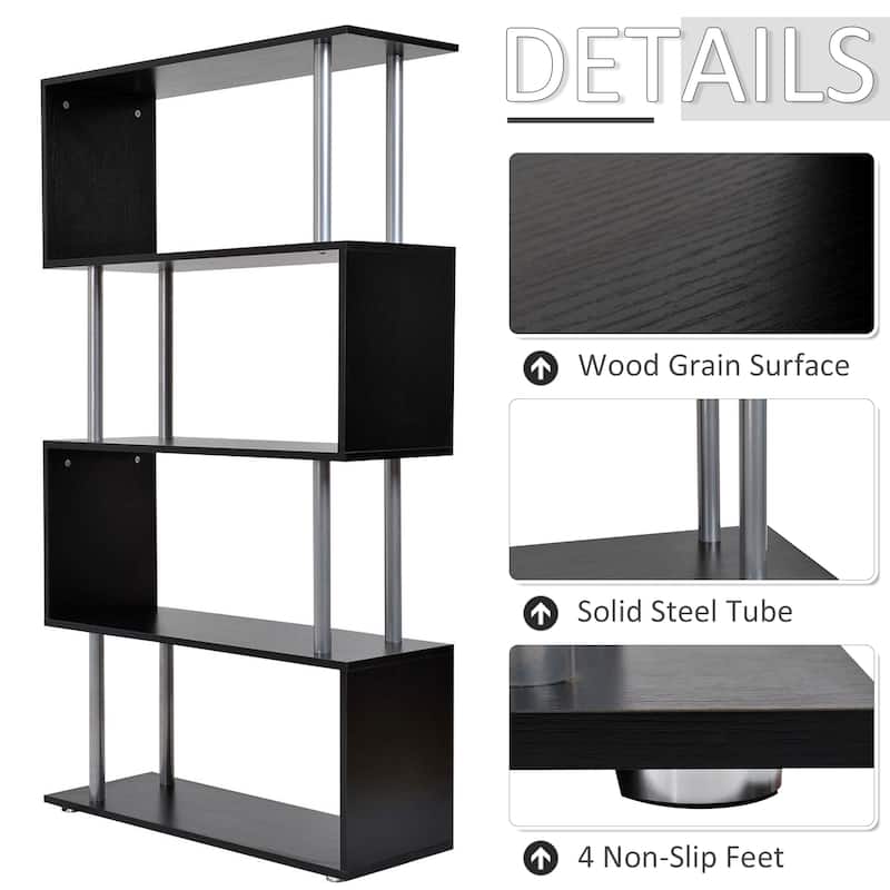 HomCom Modern S-Shaped 5 Tier Room Dividing Bookcase Wooden Storage Display Stand Shelf - Black - 11.75*31.5*57.25