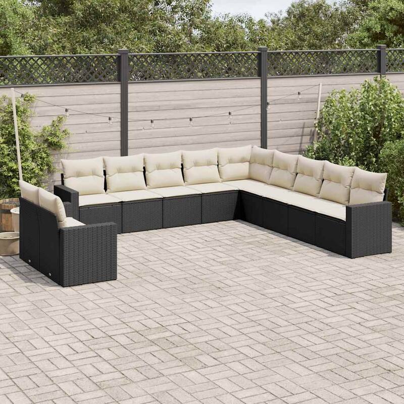 vidaXL Garden Sofa Set Black PE Rattan Large Adjustable Feet - Black and Cream - 24.4 x 25.8 x 27.2 in (W x L x H)