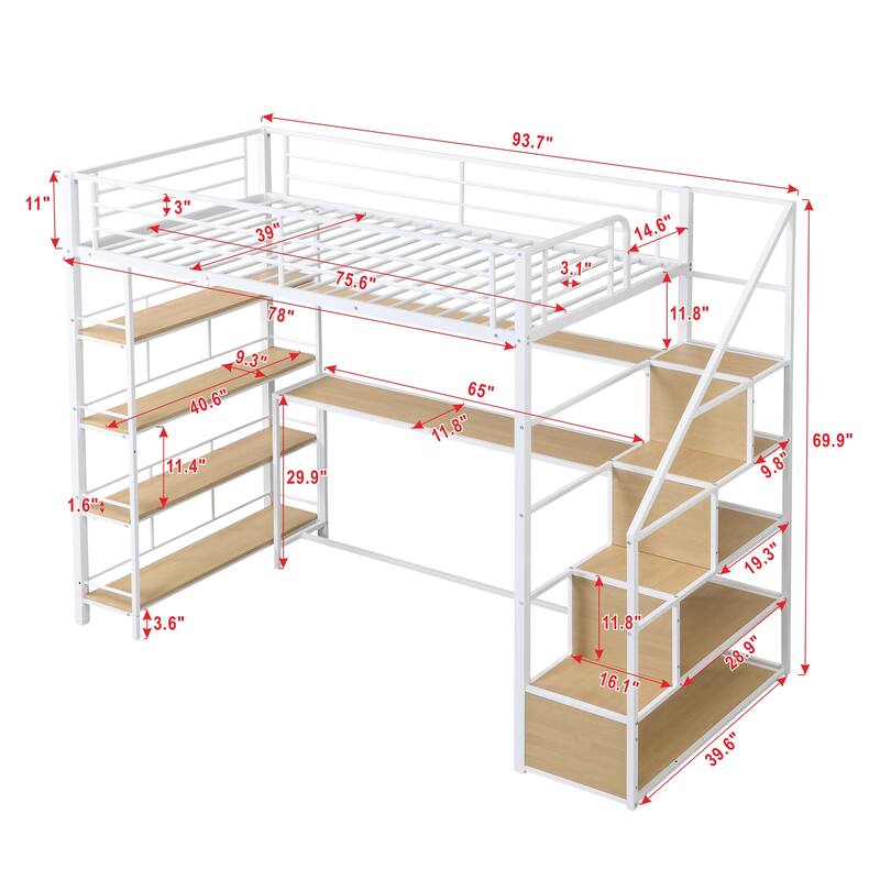 Metal Loft bed with Staircase, Built-in Desk and Storage Shelves - White - Twin