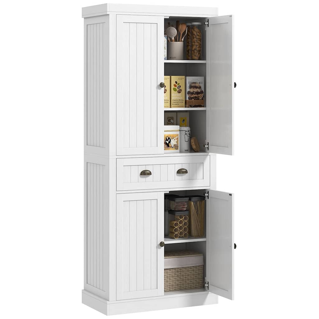 72" Farmhouse Kitchen Pantry Cabinet,Freestanding Tall Storage Cabinet with 4 Soft-Close Doors, 2 Adjustable Shelves and Drawer