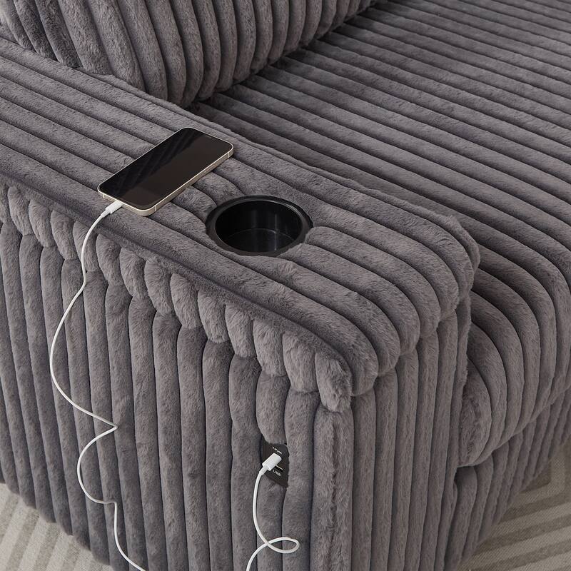 110" Corduroy L-Shaped Sectional Sofa with Storage, USB Charging and Cup Holders
