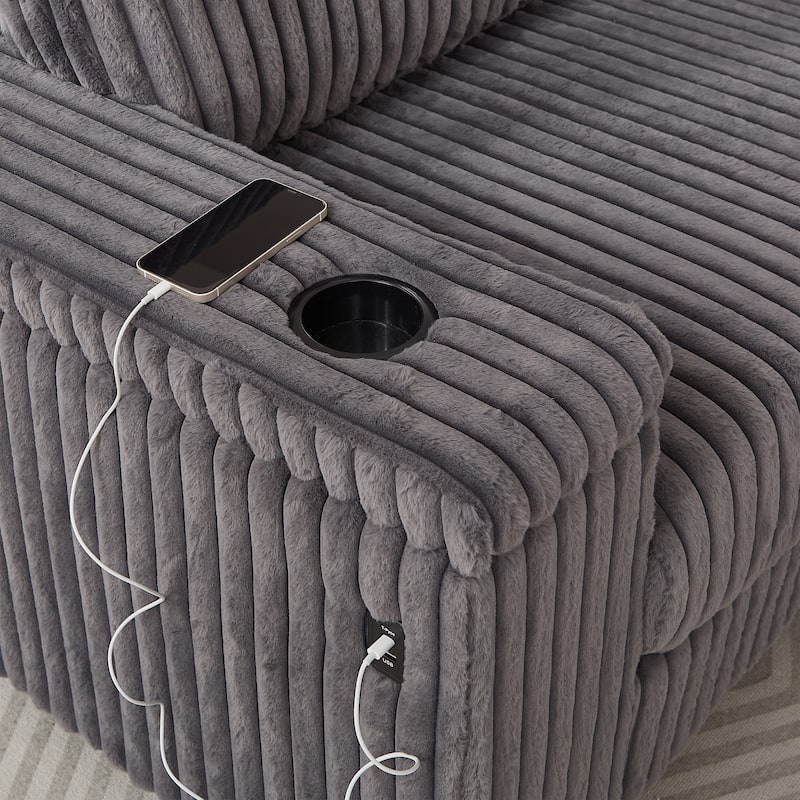 Dark Grey 110" Oversized Corduroy L-Shaped Corner Sectional Sofa with Storage Armrest, Cup Holder, USB & Type-C Ports