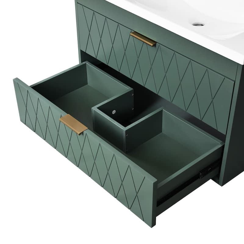 30'' Wall Mounted Floating Bathroom Vanity with Resin Sink and 2 Drawers