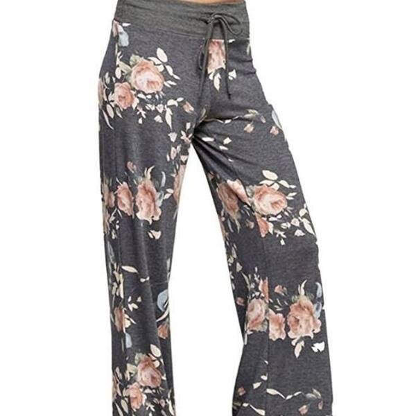Women Casual Pajama Pants Floral Drawstring Wide Leg High Waist Palazzo  Lounge Pants - Overstock - 22804828