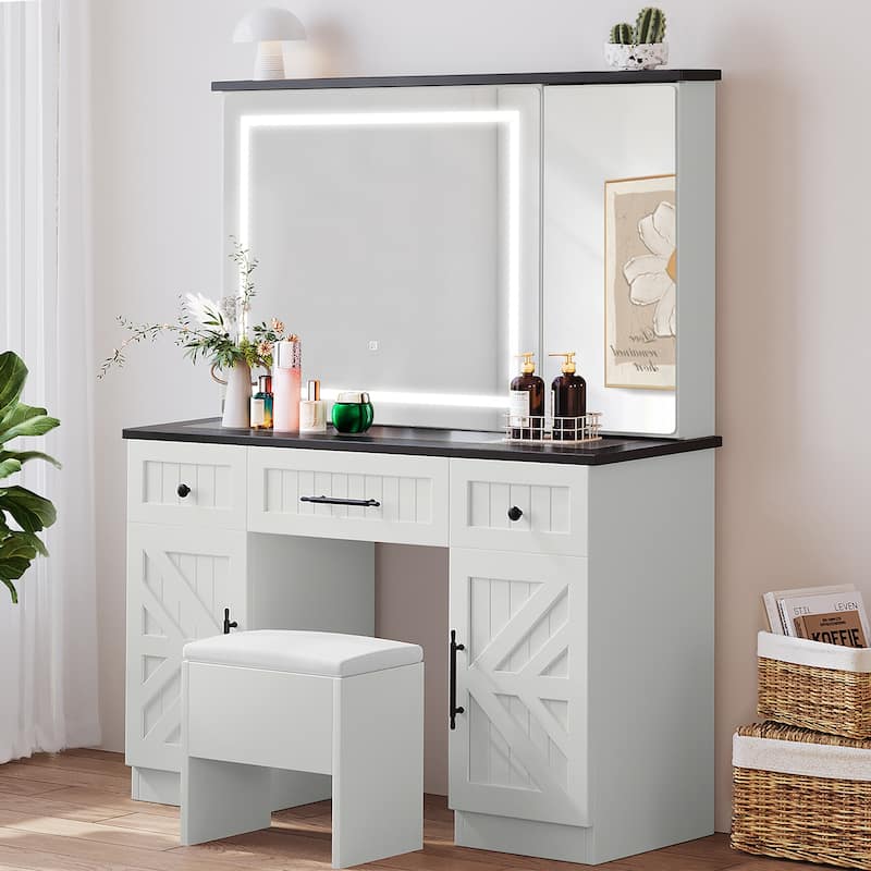 Moasis Farmhouse Vanity Set Makeup Desk with Storage Stool - 44.4"L x 15.1"W x 59"H