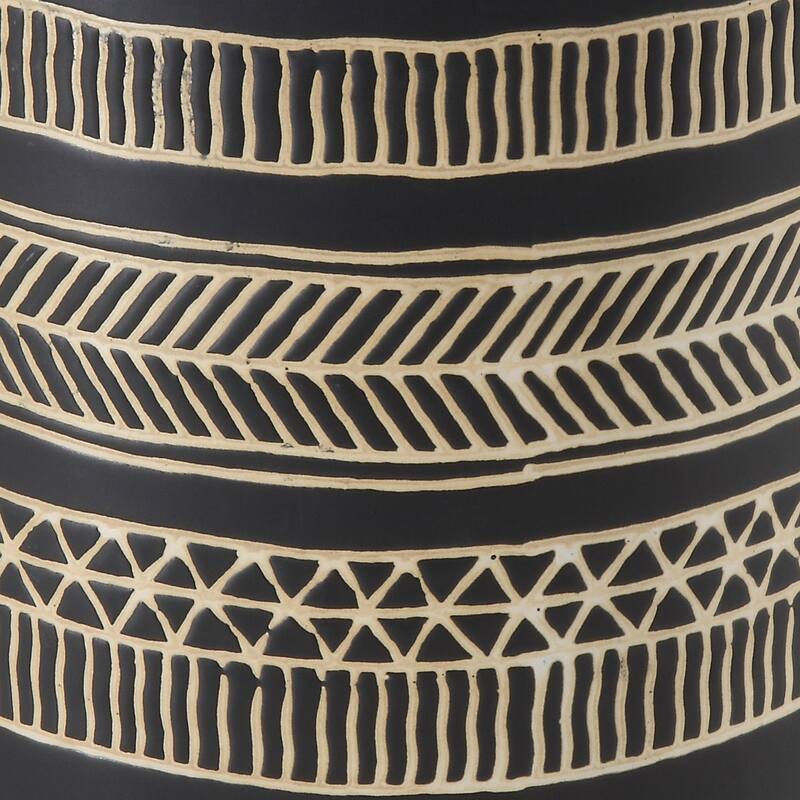Black Cylindrical Stoneware Flower Pot w/ Geometric Goldtone Overlay