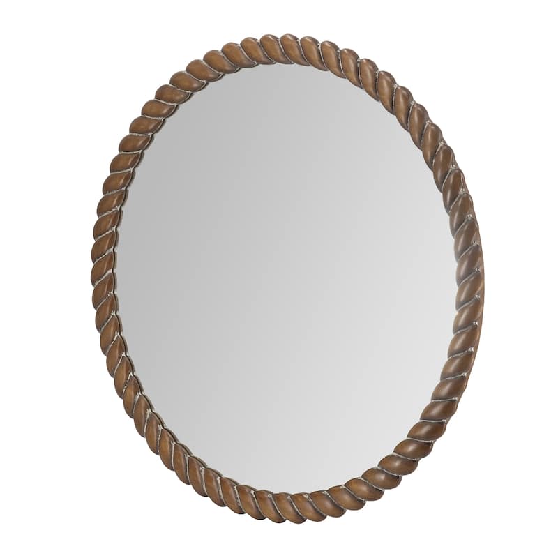 28.3x28.3" Round Wall Mirror with Pine Wood Frame, Brown