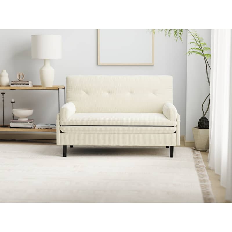 Ivory 55.11" Multi-Functional Adjustable Corduroy Loveseat Sofa, Convertible Lounge Chair and Guest Bed