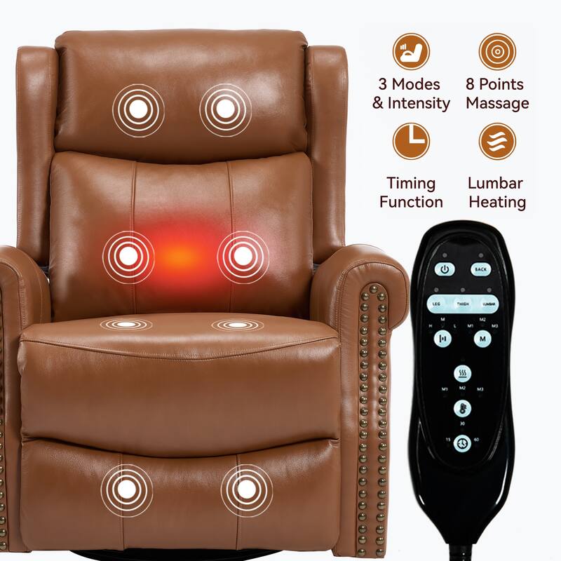 Genuine Leather Swivel Recliner Chair, Sofa Chair with Side Pockets, Manual Recliner Chair with Heat & Massage
