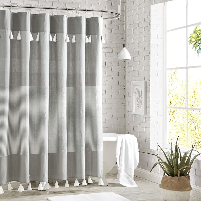 Porch & Den Onassis Modern Stripe Tassel Shower Curtain - Grey Ground White Tassels