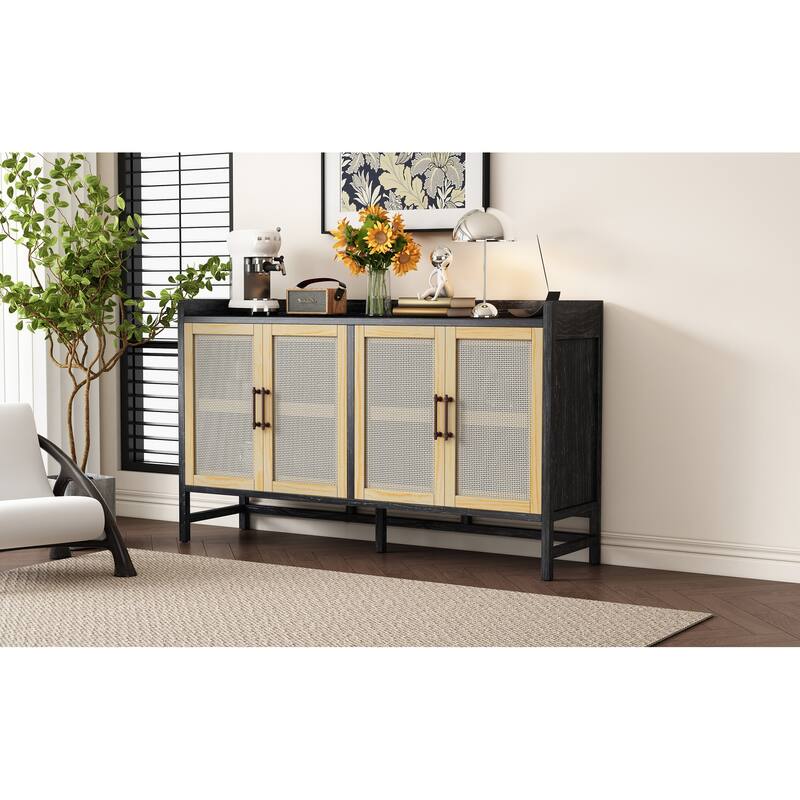 Rectangular Sideboard with 4 Decorative Rattan Doors