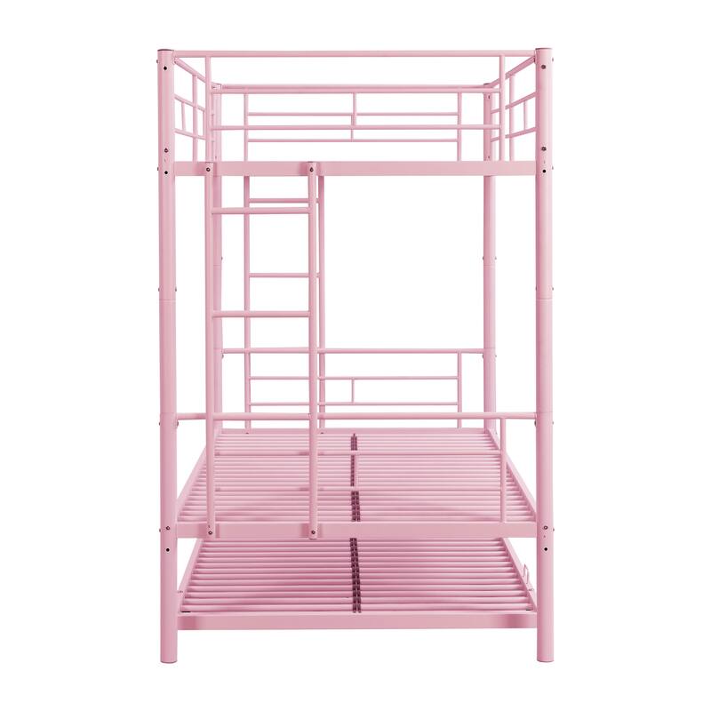 Pink Metal Bunk Bed with Trundle, Space-Saving, Sturdy Steel Frame, Easy Assembly, No Box Spring Needed