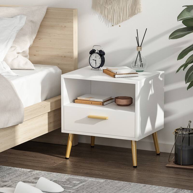 Timechee 20'' Tall 1 - Drawer Metal Legs Nightstand(One Piece) - White