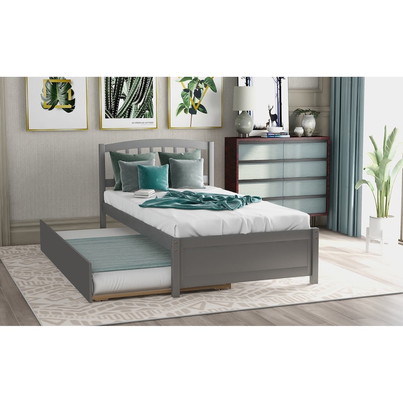 Nestfair Twin Size Platform Bed Wood Bed Frame with Trundle