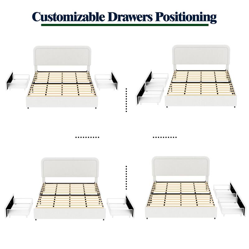 Queen Ivory Boucle Upholstered Platform Bed with 2 Storage Drawers, Curved Stitched Headboard, Wood Slats