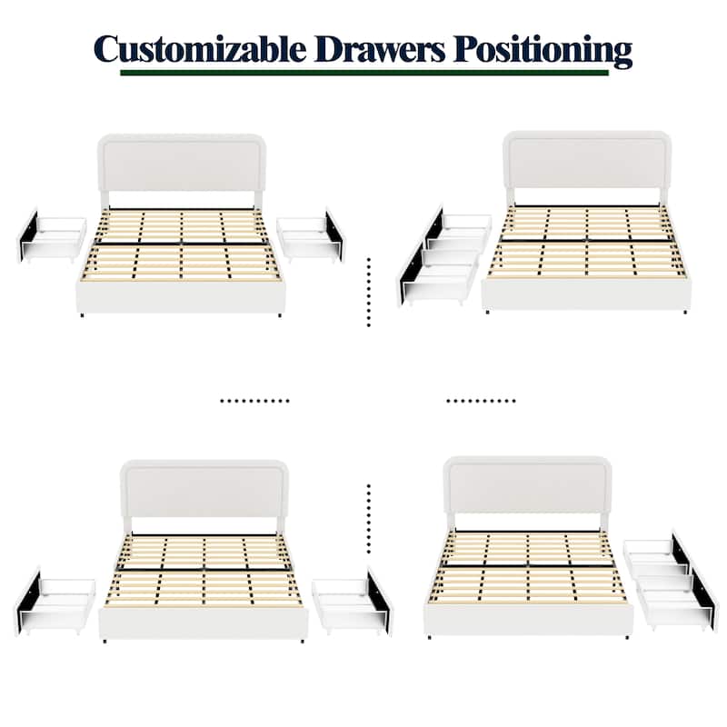 Queen Size Ivory Boucle Upholstered Platform Bed with 2 Built-in Dust-Proof Drawers and Tufted Headboard