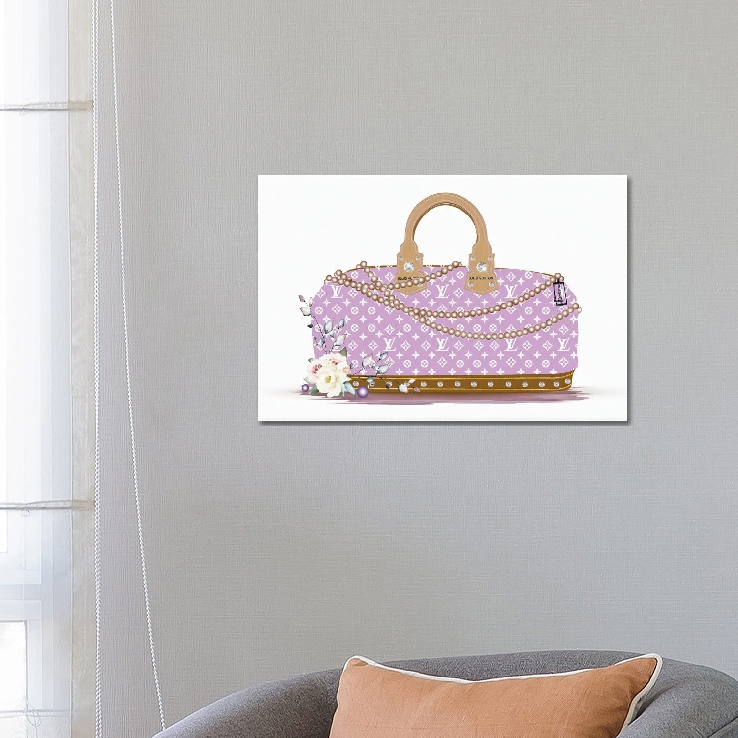 Pomaikai Barron Canvas Art Prints - Purple and White Fashion Duffle Bag with Brown Pearls & Roses ( Fashion > Fashion Brands > Louis Vuitton art) 