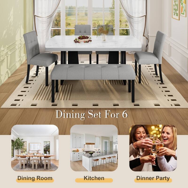 6 Piece Modern Dining Table Set, 63" Faux Marble Dining Table and 4 Upholstered Tufted Dining Chairs