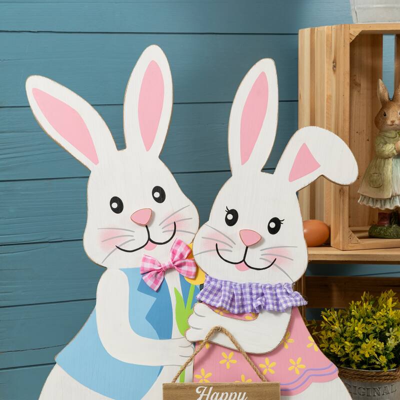 Glitzhome 24"H Easter Wooden Bunny Easel Porch Sign Wall Hanging Outdoor Indoor Decor