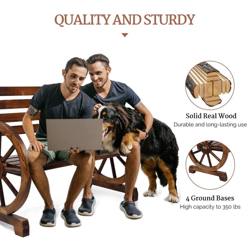2-Person Wooden Wagon Wheel Bench for Backyard, Patio, Porch, Garden, Outdoor Lounge Furniture