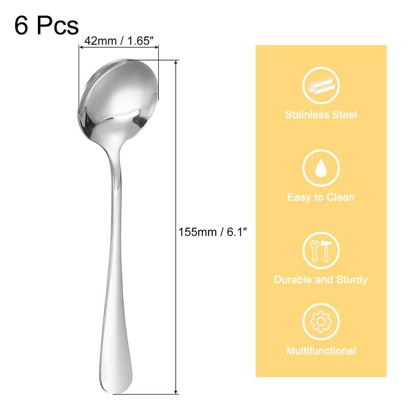 6Pcs 6" Stainless Steel Soup Spoon Tea Spoons Round Dinner Spoons - Silver - Silver