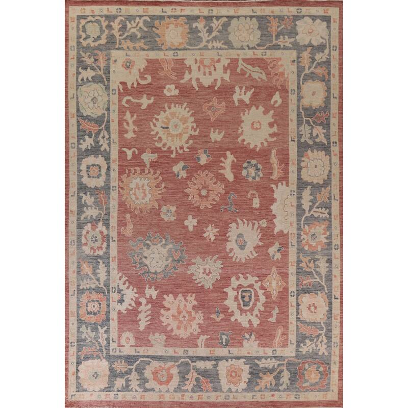 Floral Red Oushak Turkish Area Rug Hand-knotted Wool Carpet - 8'11" x 11'10"