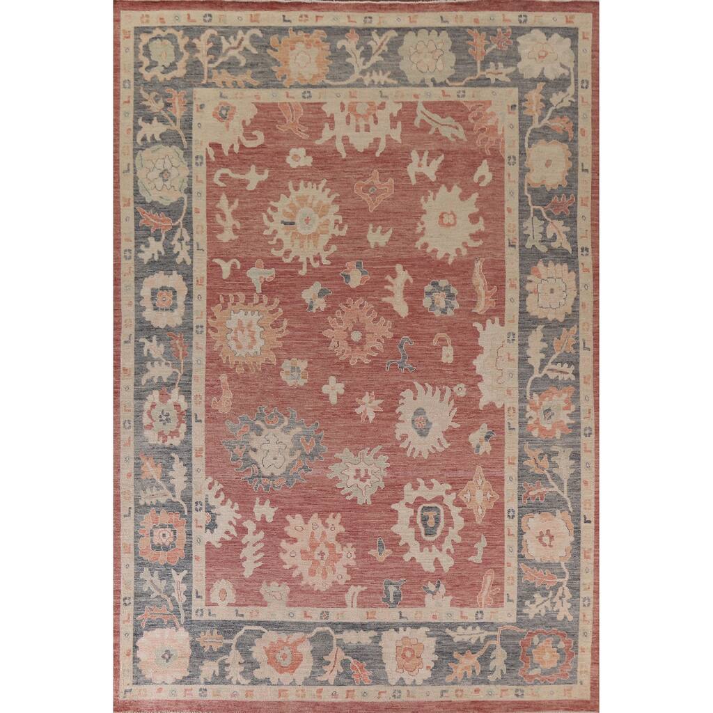 Floral Red Oushak Turkish Area Rug Hand-knotted Wool Carpet - 8'11" x 11'10"