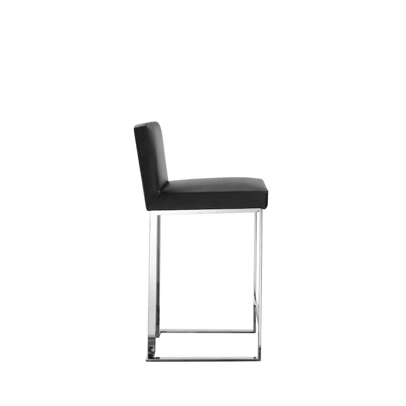 Boly 26 Inch Counter Height Chair, Black Faux Leather, Chrome Steel