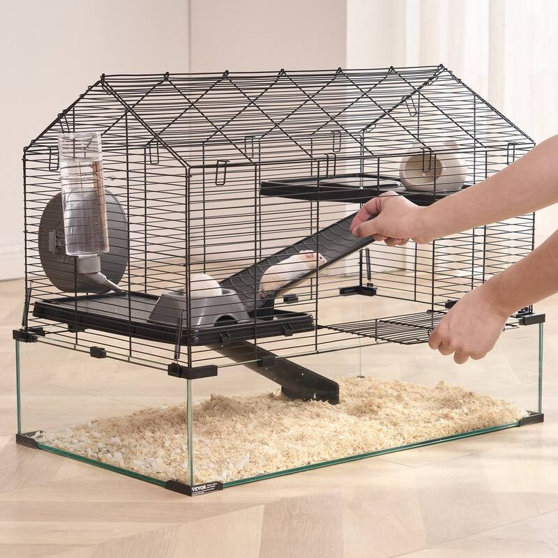 Large Tempered Glass Hamster Cage with Panoramic View & Metal Mesh Top - 29.5 x 17.3 x 24 inches