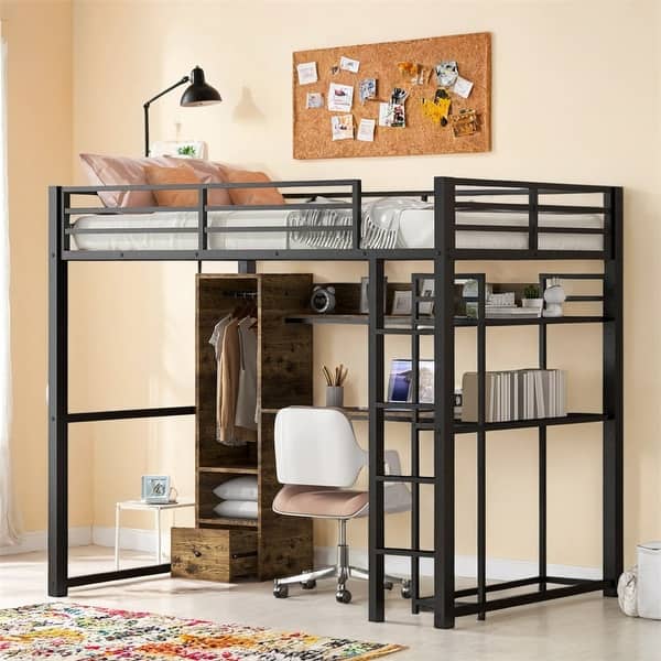 slide 2 of 8, Full Size Metal Loft Bed with Built-in Wardrobe,Drawer,Desk & Shelves